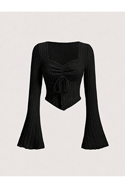 CASUALSTYLE Women's Black Corduroy Gathered Chest Lace-Up Spanish Sleeve Crop...