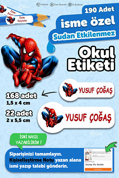 MSticker Okul Etiketi Kalem Defter Etiketi Spiderman Özel Isim Yazılabilen Et...