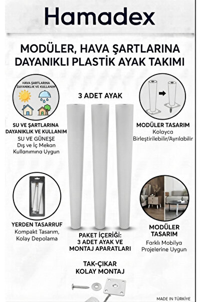 HAMADEX 48cm Beyaz Sert Plastik Sehpa Ayağı (3 Adet+Aparat) | Bahce Balkon İç...