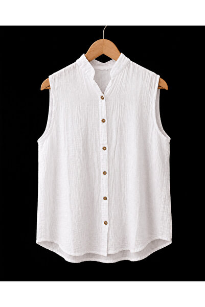 TECHTACT Women's 100% Cotton Muslin Judge Collar Sleeveless Buttoned Shirt Co...