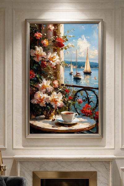 ARTAN GALLERY Deniz Yelkenli Balkon Çiçekleri İtalyan Kadife Tablo 40 mm Kalı...