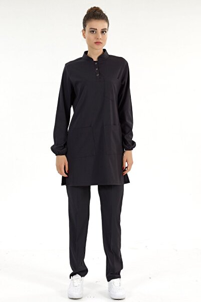 ÇİZGİ MEDİKAL Luxury Lycra Doctor Nurse Hijab Black Judge Collar Suit