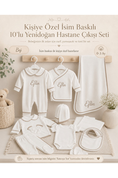 Kişiye Özel İsim Baskılı Ekru Bej Biyeli 10'lu Yenidoğan Hastane Çıkışı Seti 0-3 Ay