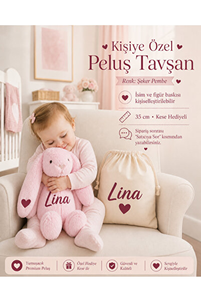 Emsera Atelier Kişiye Özel İsimli Peluş Tavşan Uyku Arkadaşı 35 cm Kese Hediy...