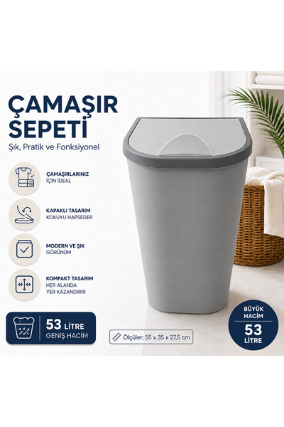 Turkco 53 Litre Büyük Boy Kapaklı Çamaşır Sepeti Dar Alan Uyumlu Banyo Kirli ...