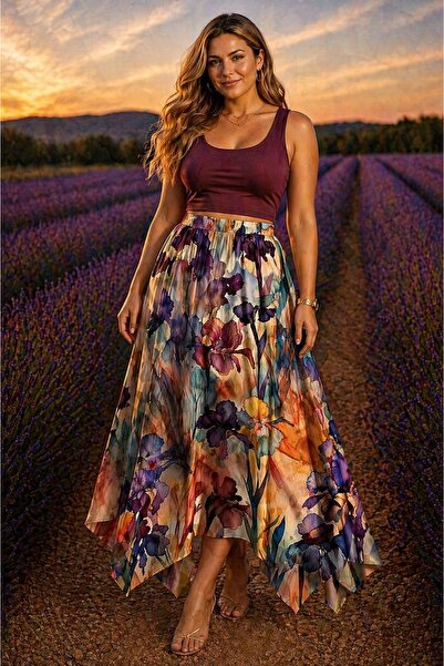 CALERA Plus Size Patterned Non-Exposing Long Skirt 46-60 Size Elastic Waist C...