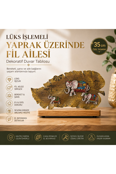 e-life shop Lüks İşlemeli Yaprak Üzerinde Fil Ailesi Dekoratif Duvar Tablosu ...