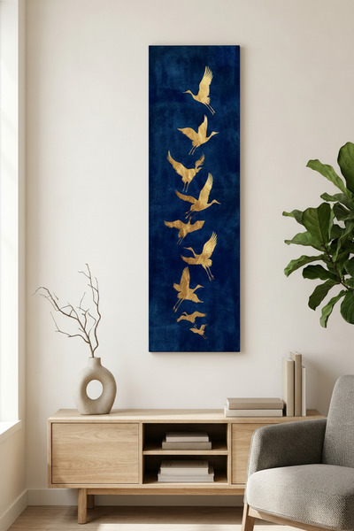 huhuli Kanvas Tablo Altın Turna Kuşları Lacivert Duvar Tablosu 120x35 cm - Mo...