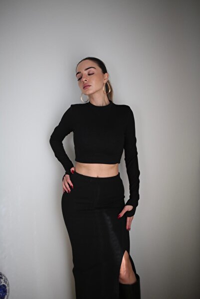 Maison La Femme Basic Solid Color Maxi Skirt Crop Sweater Set