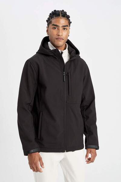 DeFacto Fit Softshell Coat, Water Repellent, Windproof, Hooded, Zippered, wit...