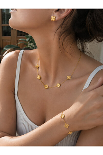 ATALYA ACCESSORY Gold Color Clover Model Women's Steel Necklace, Earrings and...