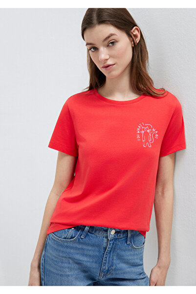 Mavi Rotes T-Shirt mit Katzen-Print, Semi Slim Fit / Halbschmal geschnitten 1...
