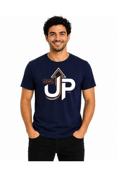 ETİFA Level up Premium Unisex T-Shirt 100% Cotton Modern Navy Blue T-Shirt