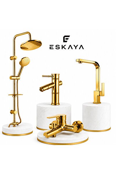 ESHOME ESKAYA 4 Lü Gold Batarya seti Altın pirinç Banyo Bambu lavabo Kare Mut...