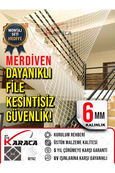 KARACAFİLE Merdiven Güvenlik Filesi 2×10 M, 6 Mm Ip Kalınlığı, 10×10 Mm Göz Aralığı