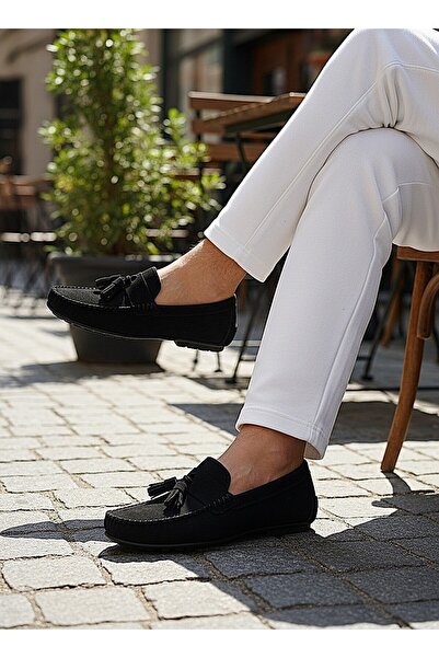 KAFKASLAR Men's Black Suede Soft Non-Slip Sole Genuine Leather Loofer Shoes