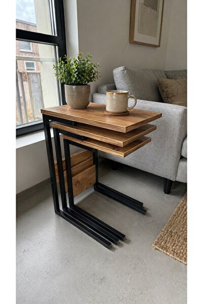VEYSEL WOODWORKİNG Metal Ayaklı 3'lü Zigon Sehpa Orta Sehpa - Atlantik çam