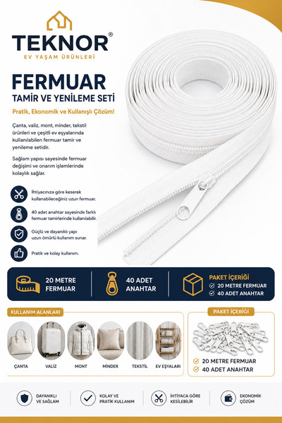 Teknor Beyaz Fermuar 20 Metre 40 Başlık T5