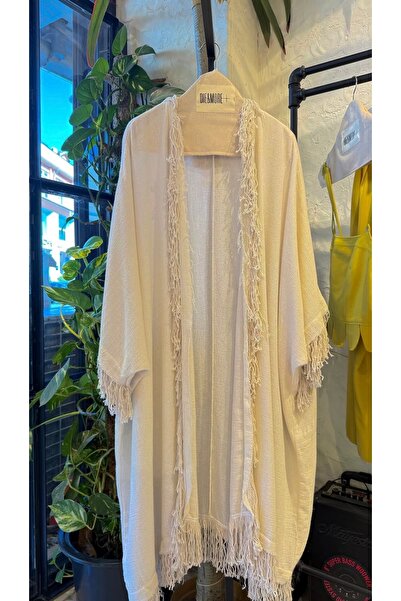 nidistore Bej Rengi Püskül Detaylı Bohem Kimono Kaftan