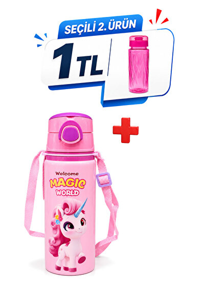 M&B WATER BOTTLE Metal Unicorn Motifli Pipetli Çocuk Matarası - 600 ML Kilitl...