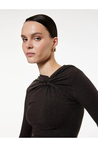 Koton Long Sleeve Asymmetrical Neckline Knot Detail Blouse