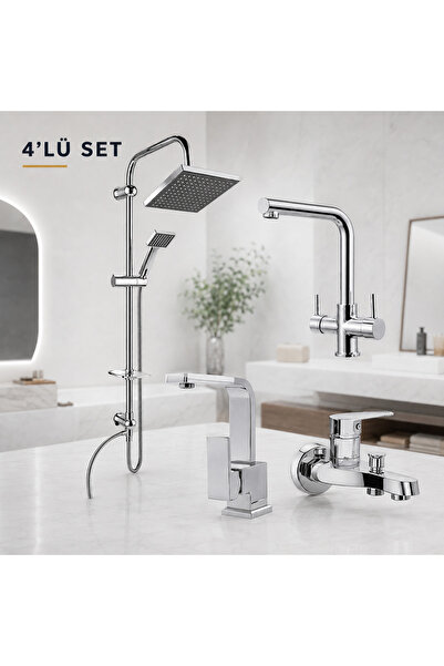 ESHOME ESKAYA 4 Lü Set Robot Duş Seti —3 yollu Arıtmalı Batarya —Kare lavabo ...