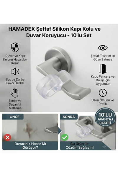 HAMADEX Silikon Şeffaf Plastik Kapi Kolu Tutucu Tutacagi Pencere Stoperi Durd...
