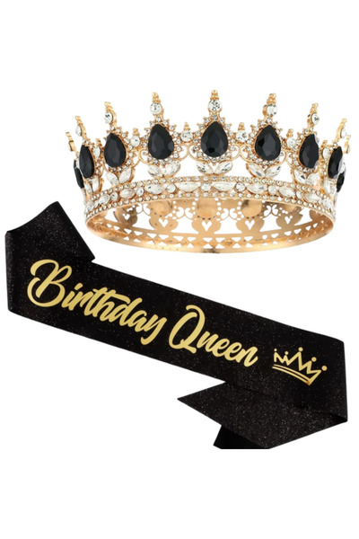 Choice black gold Bling Rhinestones Birthday Party Kit Tiara Crown Queen Sash...