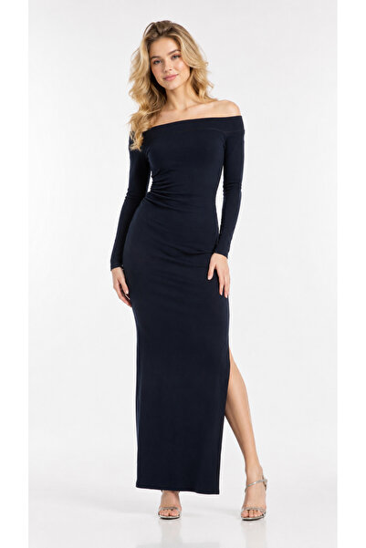 Kallisto Navy Blue Off the Shoulder Low Back Draped Side Slit Long Dress