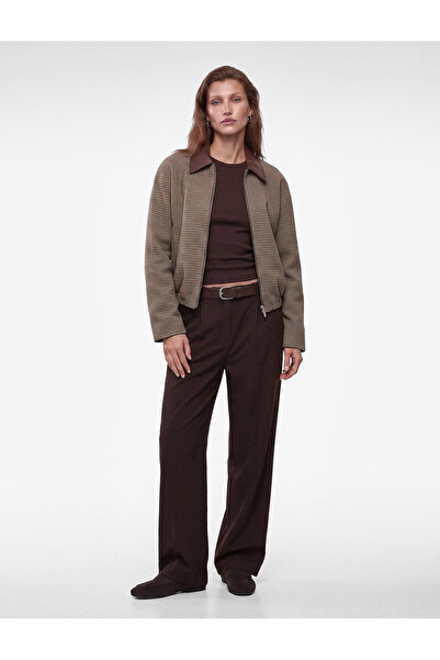 Koton Long Sleeve Faux Leather Collared Pocketed Zippered Plaid Oversized Bom...