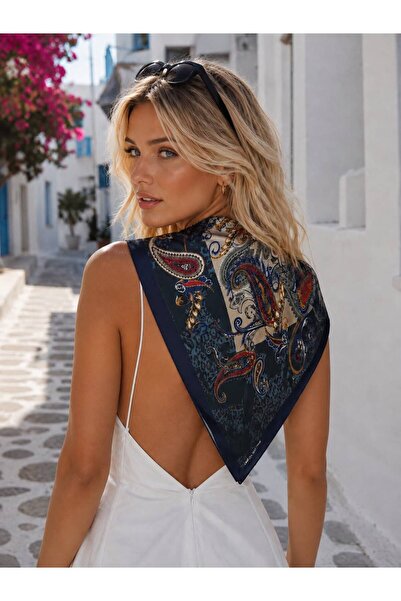 Axesoire 13458-7 Etro Desenli Lacivert Saten Bandana Fular 70x70 cm