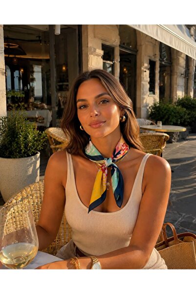 Axesoire 13750 Lacivert Kenarlıklı Renkli Saten Bandana Fular 50x50 cm