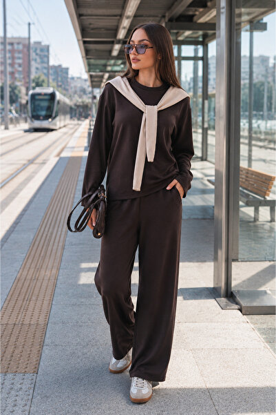 ŞİMAL Women's Shawl Look Detailed Sweat Pants Modal Set 265193 -