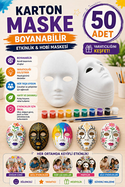 Hobialem 50 Adet, Karton Maske, Boyanabilir, Eğitici Maske Boyama, Etkinlik V...
