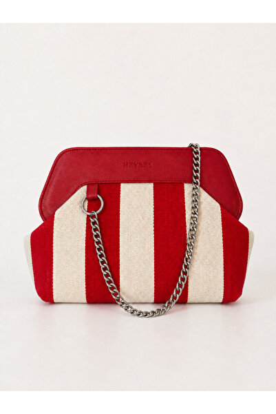 HEYBE'S Heybes Kadın Kırmızı Çizgi Desenli Kanvas Clutch El Çantası