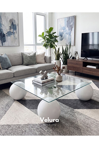 Velura Home & Living Top Sehpa & Küre Sehpa Kare Cam Orta Sehpa - 4'lü Beyaz
