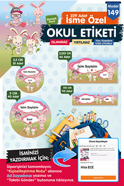 t tuğset etiket Okul Etiketi Kalem Defter Etiketi Özel İsim Yazılabilen Etike...