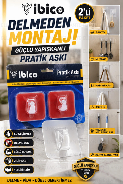 ellante Pratik Askı 2'li Yapıştırmalı Duvar Askısı Şeffaf Askılık Delmeden Mo...