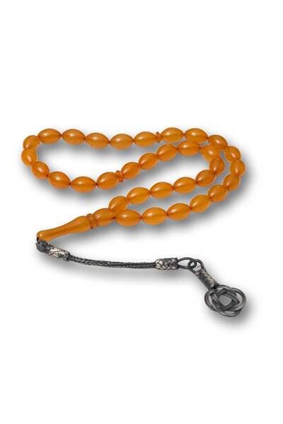 Inure Jewelry Silver Orange Kazaz Tassel-Adorned Crimped Amber Prayer Beads