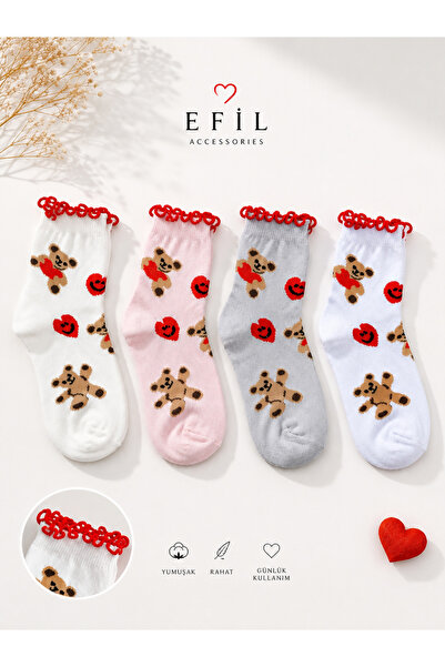 EFİLACCESSORİES Firfirli Bear Heart 7-8 Years Old 4-Pack Children's Socks