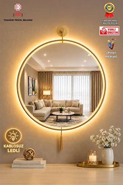 MetaQuartz Aksesuar Kablosuz LED’li Luxry Mirror Ayna GOLD 50x75 - 60x75 Cm M...