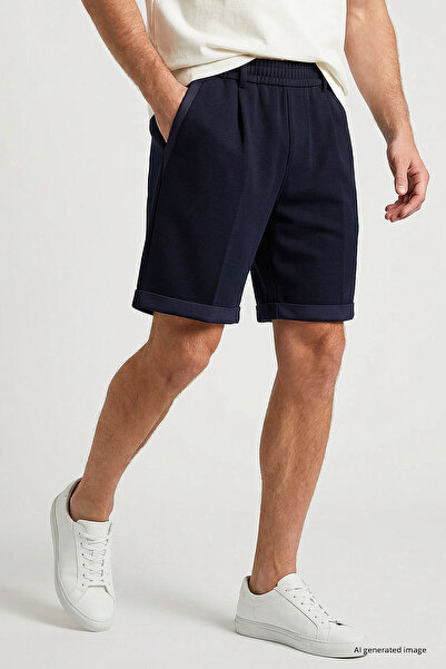 TOMMY LIFE Navy Blue Oversize Fit Basic Men's Shorts with Belt Detail - 81285