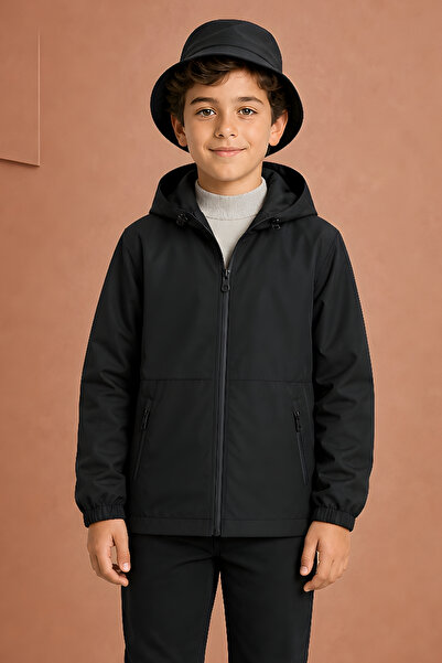 Montland Boy's Black Lined Water and Windproof Hooded Double Zipper Pocket Ra...