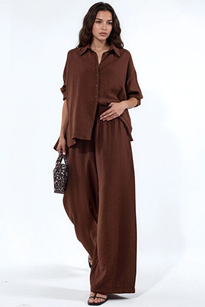 Merterium Women's Textured Shirt and Pants Two-Piece Set - Brown 1413