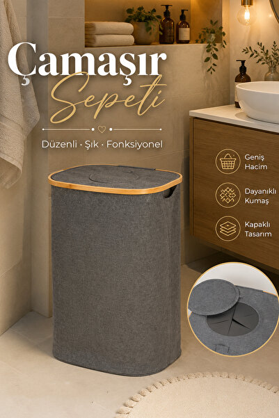 Porsima Mio-101 Bambu Banyo Kirli Çamaşır Sepeti Banyo Düzenleyici Sepet 44X6...