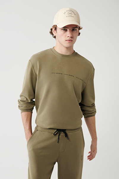 Avva Men's Khaki Crew Neck Printed Soft Touch Regular Fit Sweatshirt A41Y1222