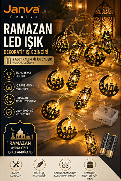 Janva Ramazan Ayı Namaz Köşesi Metal Gold Led Pilli Kandil Dini Sembollü Süsl...