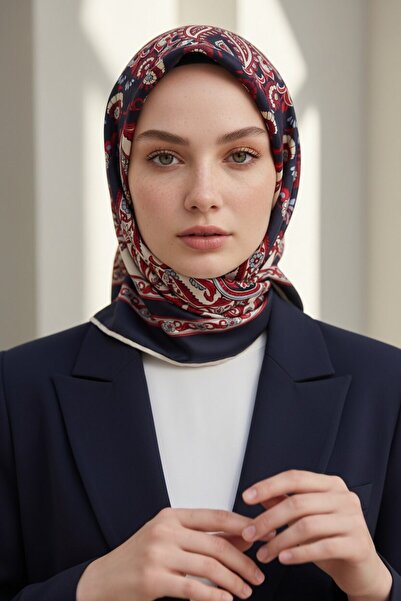 Vissona % 57 İPEK % 43 VİSKON Twill İpek Şal Motif Desenli Lacivert - Kırmızı...