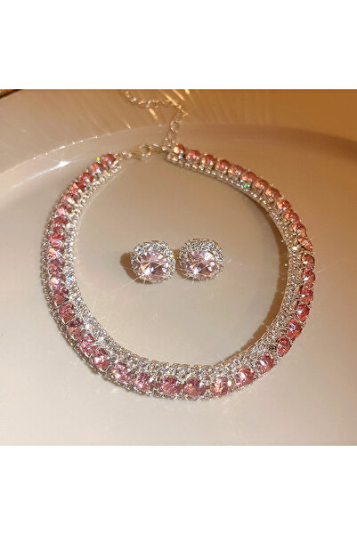 Choice pink Women's Rhinestone Decorated Necklace & EarringsTrendy Jewelry Se...