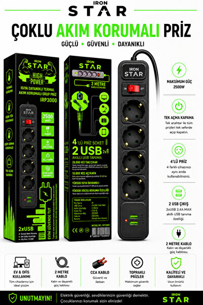 IRONSTAR TERMAL AKIM KORUMALI 2XUSB GRİŞLİ 3X PRİZ GİRİŞİ 2MT UZATMA KABLOLU ...